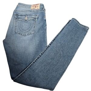 True Religion World Tour Jeans Mens 33 Light Wash Straight Distressed Y2K Denim